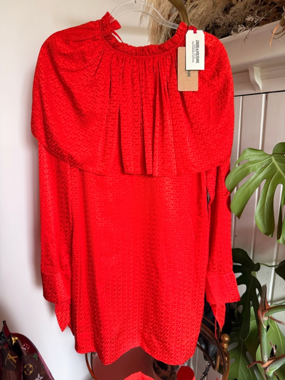 Zadig & Voltaire Vibrant Red Textured Ruffle-Neck Blouse